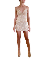 VVV Woman's Mini Length Dress "FIZZ BRILLIANT CREAM" 3D Hand Printed & Crystals - VENI.VIDI.VICI.WORLD